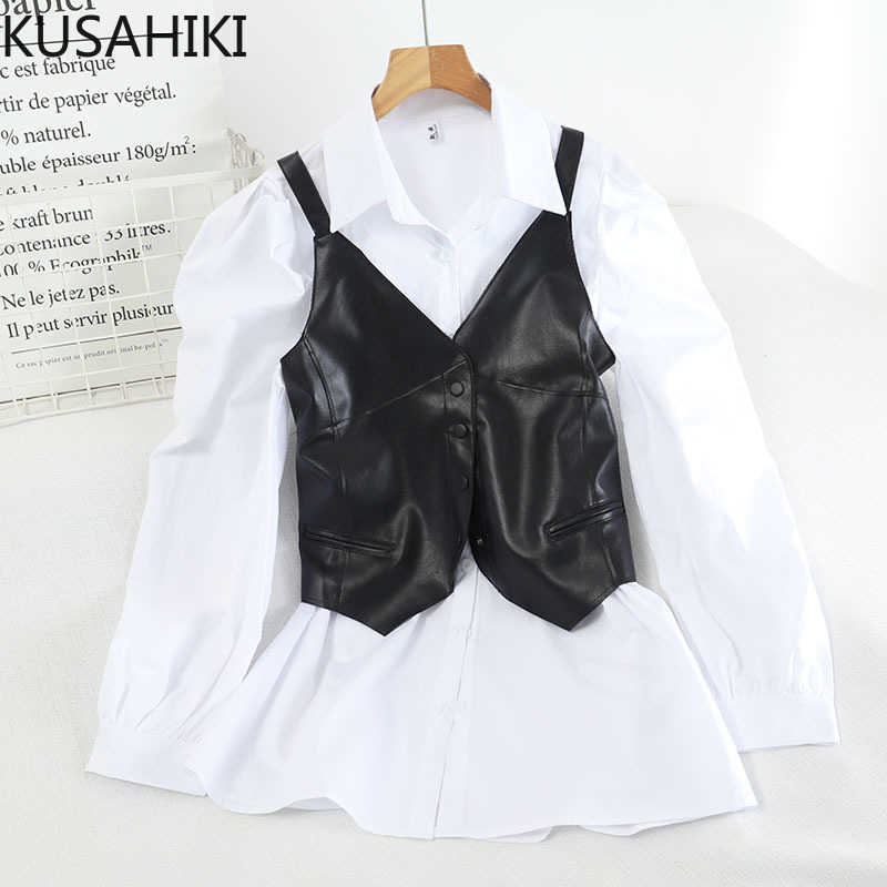 

Spring Women 2pieces Outfits Puff Sleeve Blouse Shirt + Single Breasted PU Leather Vest Korean Elegant Sets 6E895 210603, Black