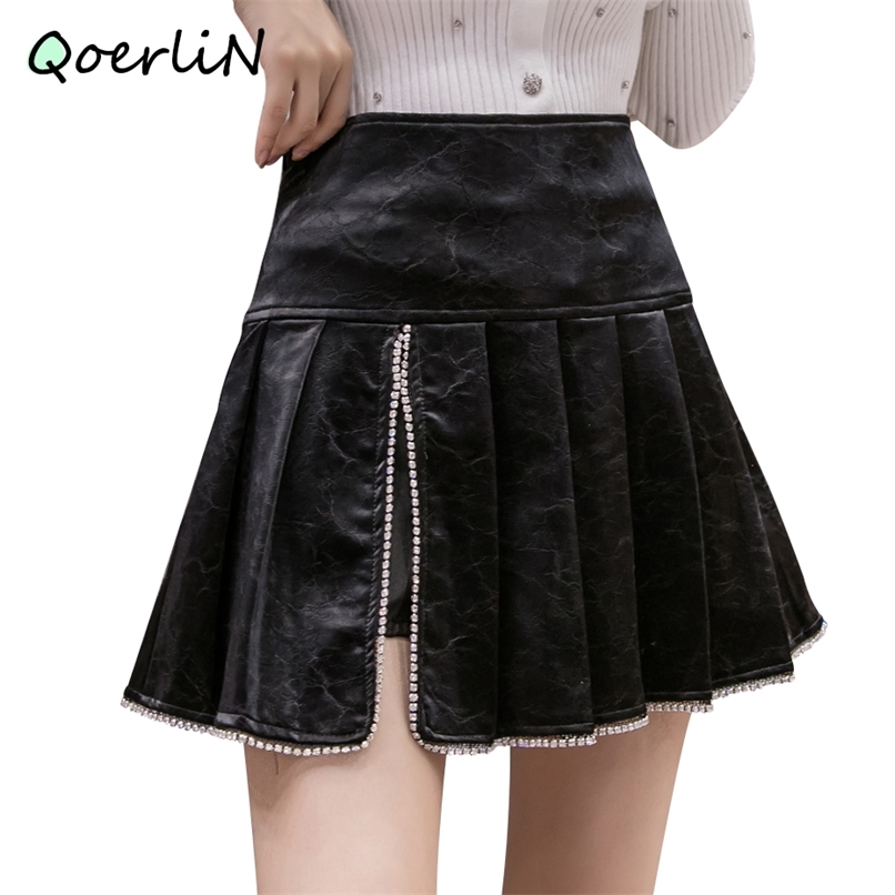 

Safe Shorts Skirts Black PU Leather Women High Waist Pleated Beading Mini Plus Size Fake 210601