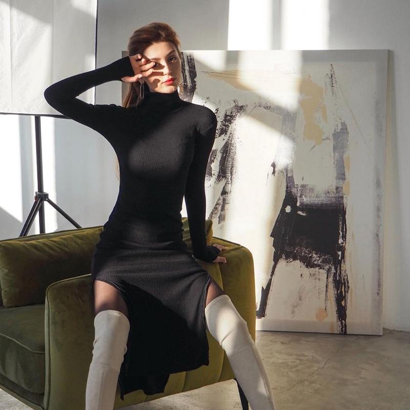 

Casual Dresses Sexy Long Sleeve High Collar Midi Dress Y2k Side Zipper Split Fork Tight Women Elegant Romantic Slim Party, Black;gray