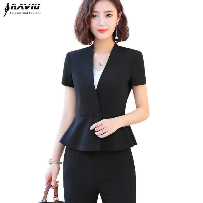 

Summer Short Sleeve Two Piece Set Pant Suit Fashion Women Formal Business Interview Slim Blazer and Trousers Office Lady Uniform 210604, Black coat and skirt