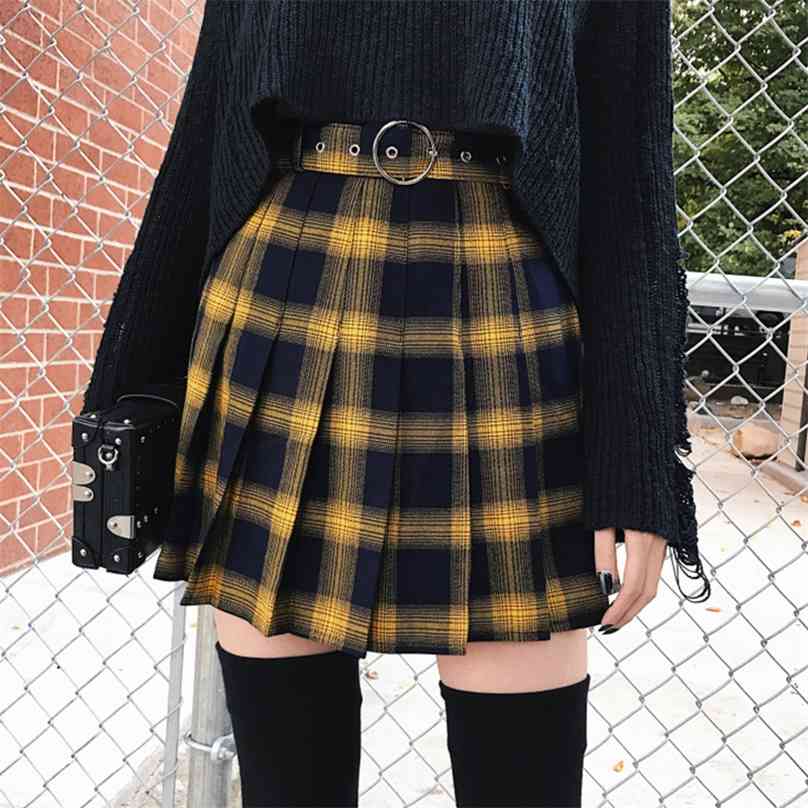 

Paris Girl Spring Summer Harajuku Women Fashion Skirts Cute Yellow Black Red Lattice Pleated Skirt Punk Style High Waist Female 210629