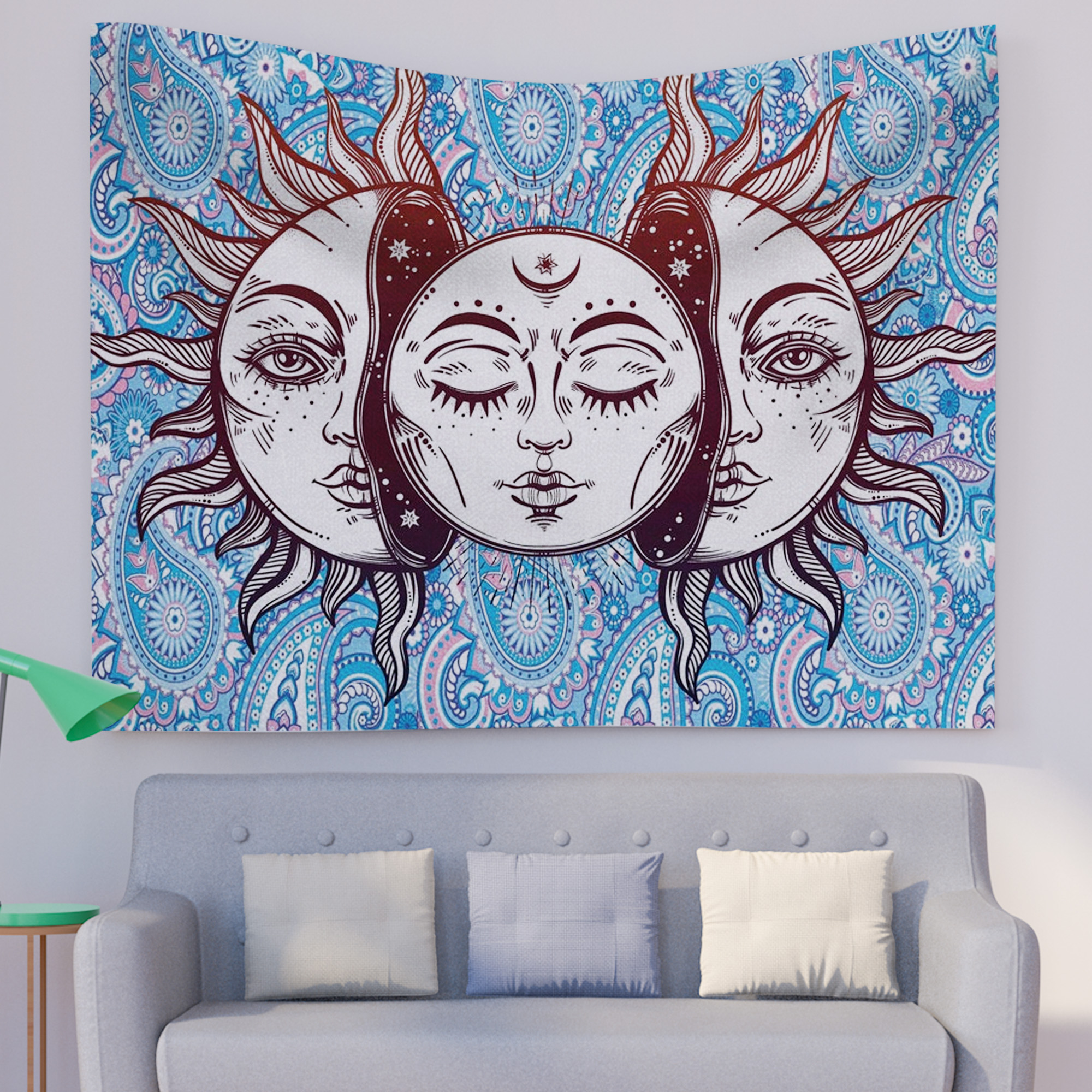 

Blue Sun And Moon Mandala Tapestry Wall Hanging Decor For Living And Bedroom