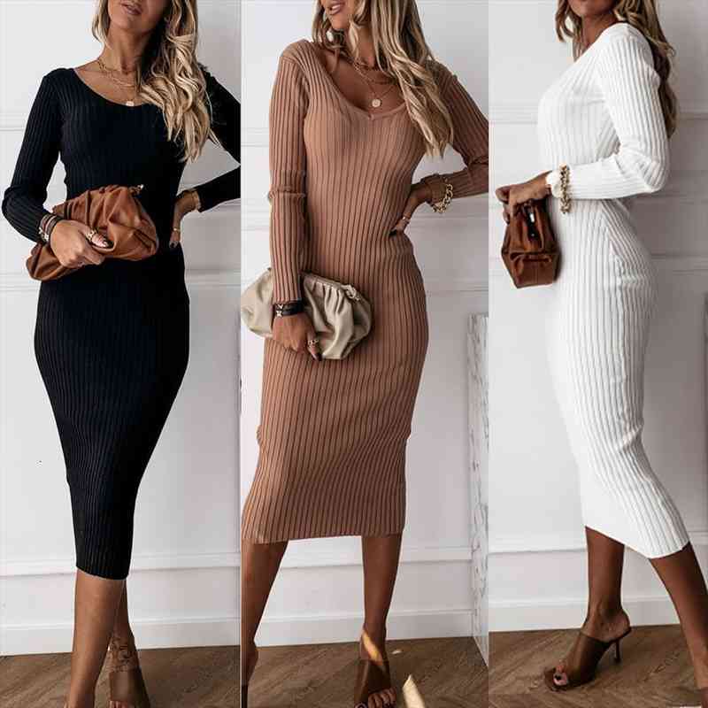 

women autumn solid color v neck long sleeve ribbed knitted bodycon maxi dress womens clothing vestidos, Black;gray