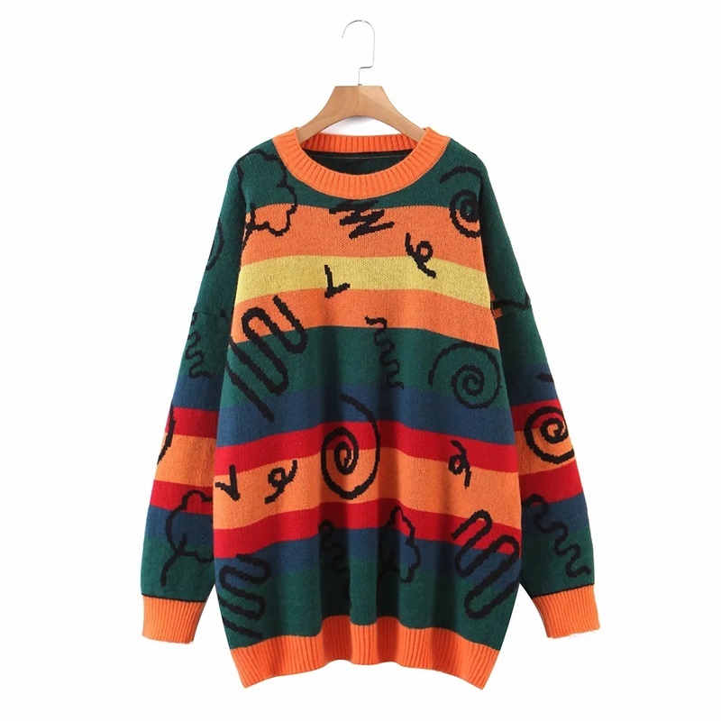 

Autumn And Winter Women's Lazy Rainbow Striped Pullover Loose Contrast Color Lollipop Graffiti Sweater 210521, Multicolor