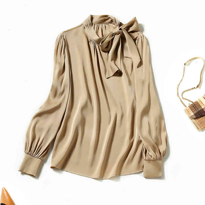 

Women' Blouses & Shirts Lace up collar mulberry silk satin shirt solid Shenzhen Nanyou high end women' wear O7J7, White