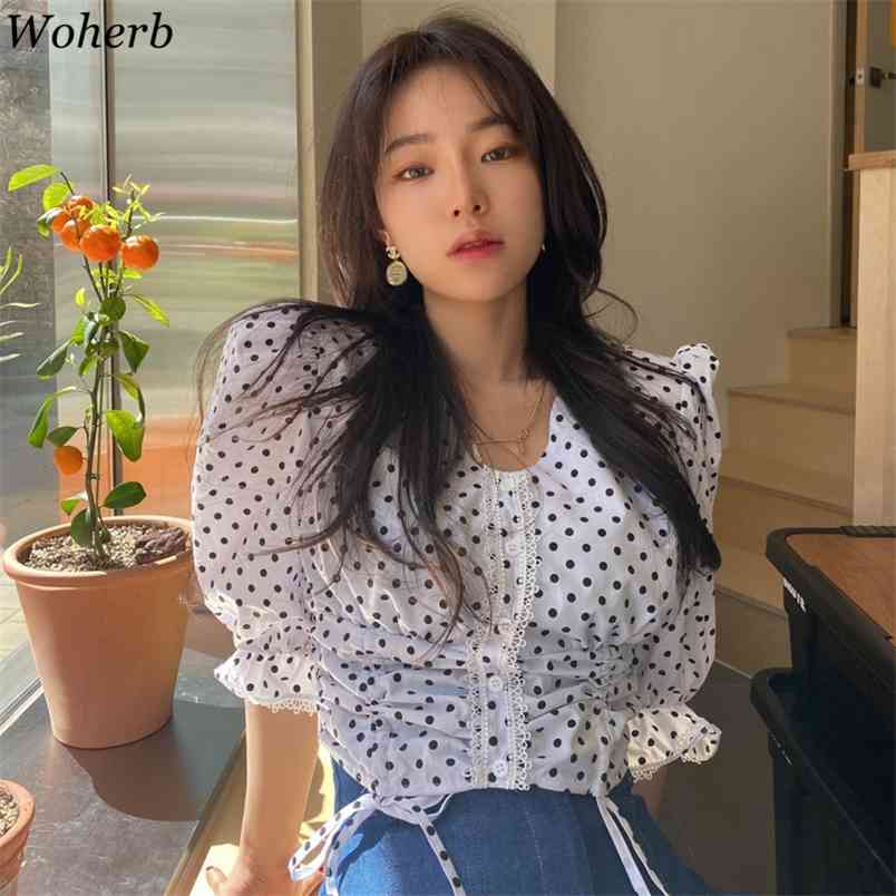 

Women Polka Dot Shirts Puff Short Sleeve V Neck Blouses Korean Drawstring Slim Waist Vintage Blusas Mujer De Moda 210519, White