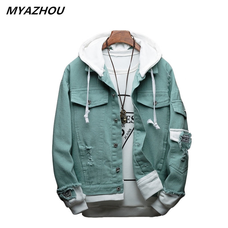 

Autumn hooded denim jacket men's fake two pieces solid color loose coat fashion designer men's casual denim jacket S-3XL 210927, Green
