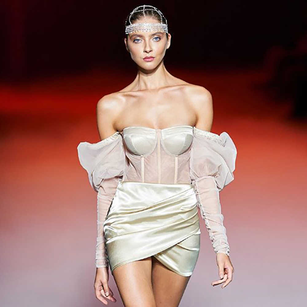 

Ocstrade Bodycon Dress Sexy Strapless Apricot Arrrivals Women Mesh Embedding Night Club Party es 210527, Blue