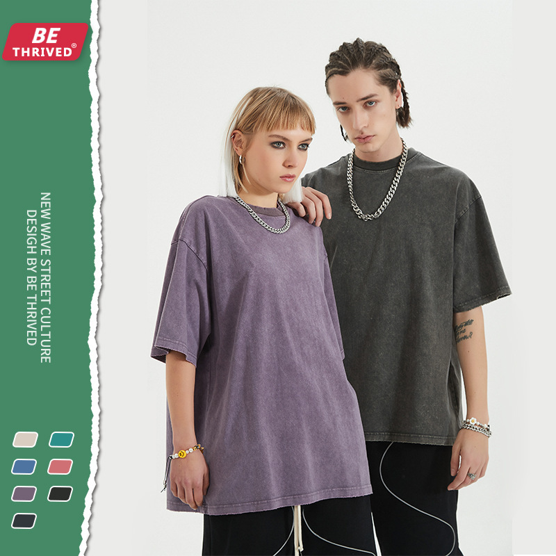 

be menswear | 2021 summer eing and washing old solid color short sve vintage high street fashion t-shirt men, White;black