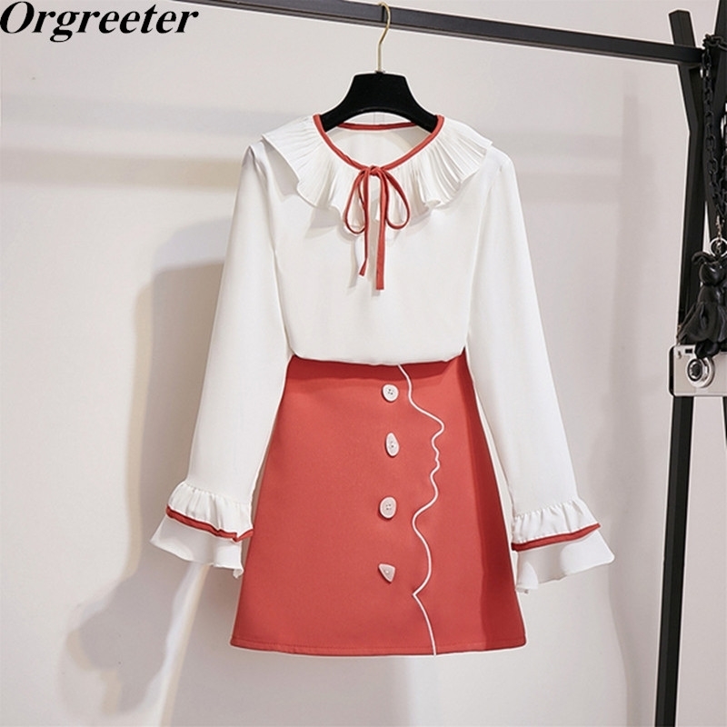 

Fashion Abstract character avatar embroidery single-breasted A-line Skirt and Chiffon Shirt Blouse Two Piece Set Women Clothing 210525, Picture color