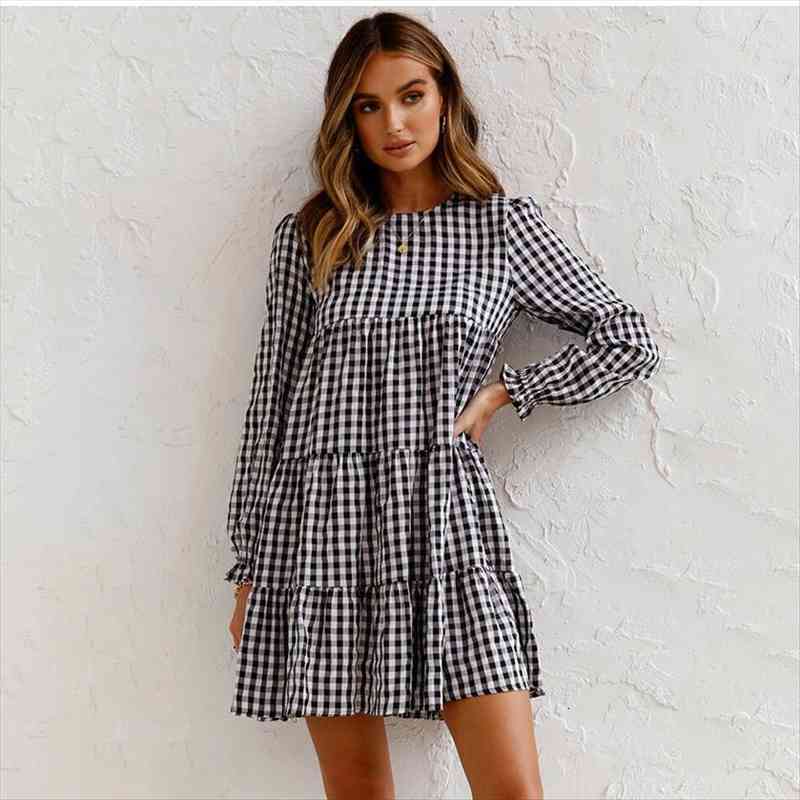 

mini autumn winter fashion womens dress casual long sleeve plaid black o neck loose elegant beach dresses for women robe, Black;gray