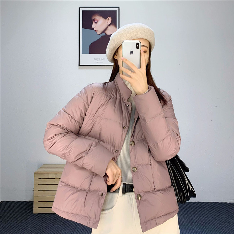 

Winter White Duck Down Jacket Women Single Breasted Solid Female Stand Collar Coat 210520, Khaki