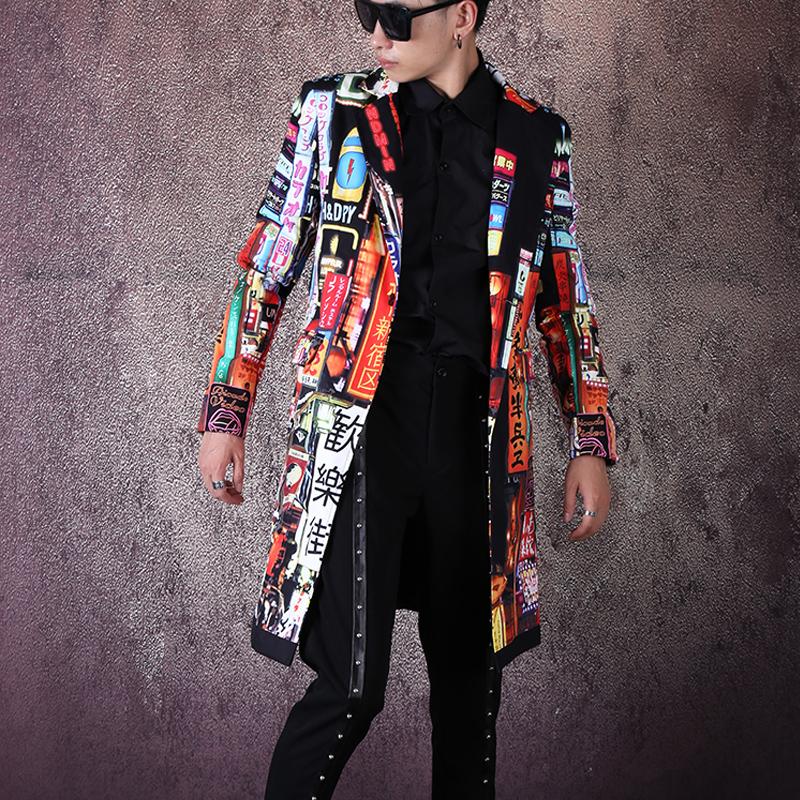 

Men's Suits & Blazers Male Hip Hop Dancer Singer DJ Suit Coat Outerwear Stage Clothes Men Vintage Pattern Print Fashion Slim Fit Long Blazer, Zy812