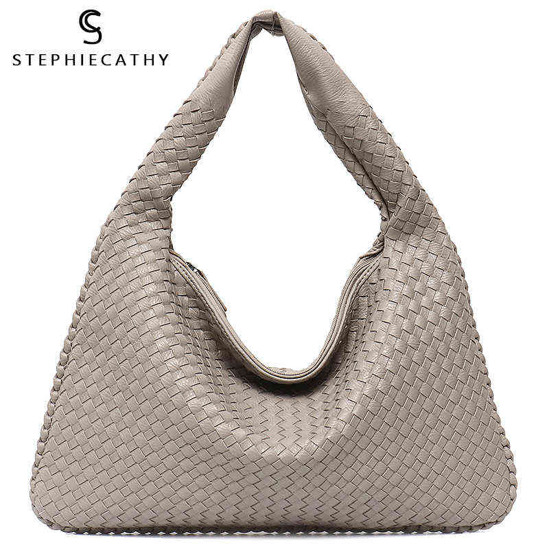 

SC Brand New Vegan Leather Hobo Bag Handmade Woven Casual Female Handbag Big Capacity Patchwork Zipper Women Shoulder Bags C0602, Navy s