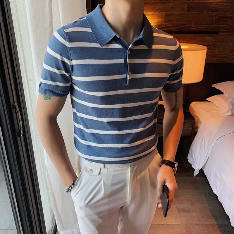 

Summer Polo Shirs Men British Style Short Sleeve Knitted Striped Polo Shirts Lapel Ice Silk Business Casual Shirts Clothing 210527, Black