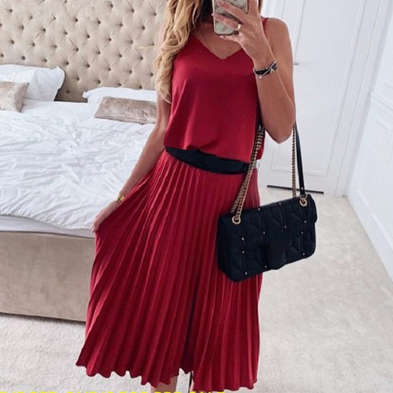 

Women' Spaghetti Strap Pleated Long Dresses Elegant A-line High Waist Female Dress Summer Casual Office Lady Pink Vestidos 210518, Pk