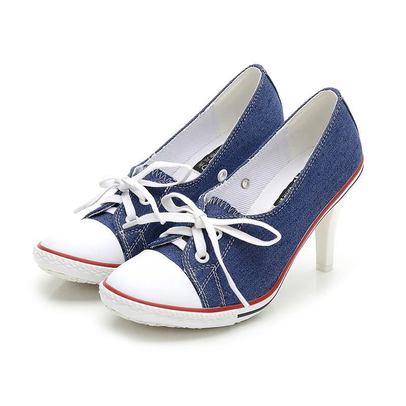 

Dress Shoes 2021 Lace Up Heels Women Denim Canvas High Pumps Stilleto Retro Vintage Woman Haut Femme Elegant Ete, Blue1