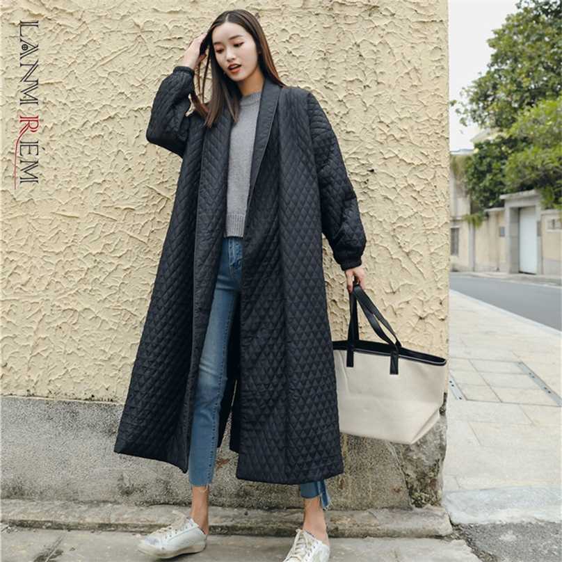 

LANMREM Street Thin Style Black Oversize Lapel Back Vent Button Female's Long Cotton Coat Jaqueta Feminina WTH1201 211018