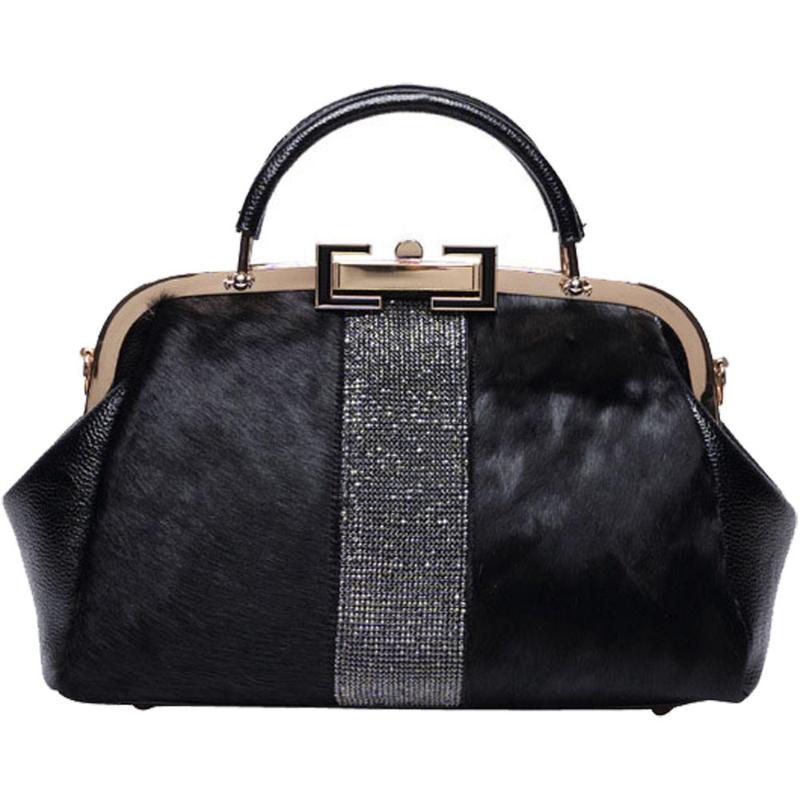 

Evening Bags 2021 Brand Fur Soft Leather Lady Handbag Clip Mouth Fashion Design Shoulder Bag Messenger Casual Diamond