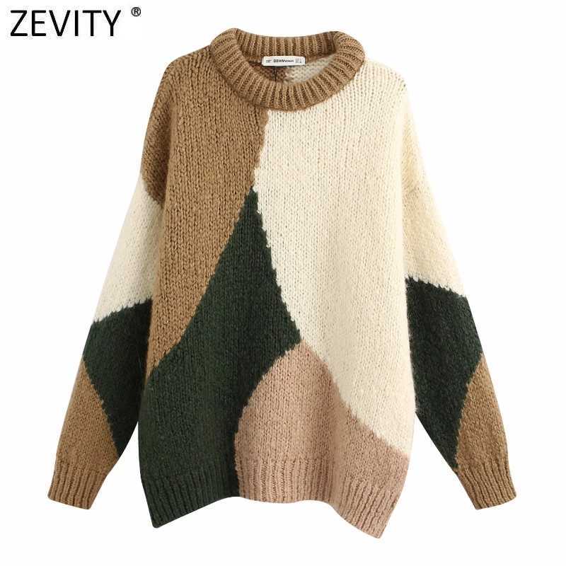

Zevity Women Vintage O Neck Color Matching Casual Loose Knitting Sweater Ladies Chic Long Sleeve Brand Pullovers Tops S511 210603, As pic s511bb