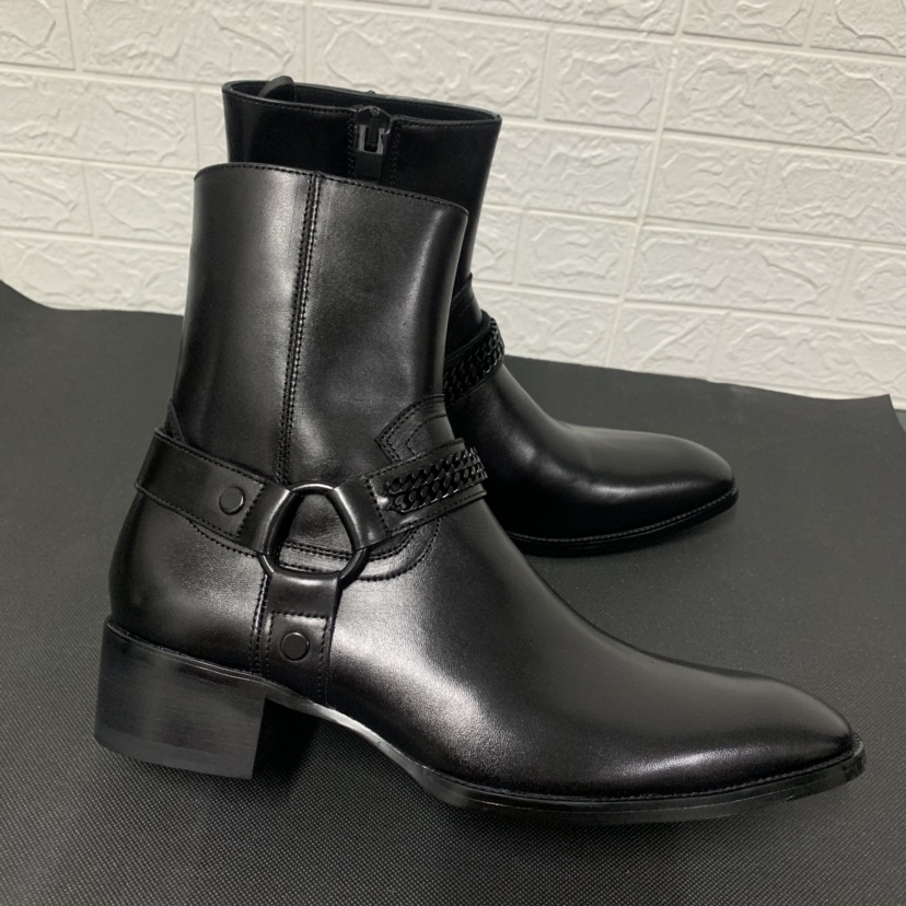 

Handmade customized high top buckle strap denim motor Boots genuine leather western handmade shoes