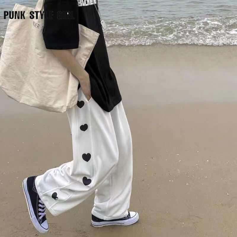 

Women's Pants & Capris Cute Heart Print Wide Leg Women Kawaii Gray Black White Boggy Joggers 90s Korean Style Alt Clothes Exercise Trousers