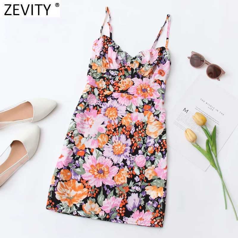 

Zevity Women Fashion Floral Print Slim Sling Mini Dress Femme Back Elastic Patchwork Spaghetti Strap Vestido Chic Dresses DS8383 210603, Xqw ds8383