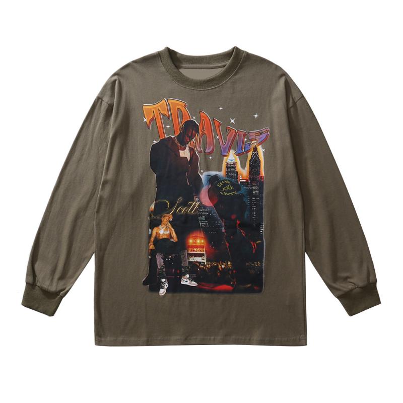 

Men's T-Shirts ZOTTSOZ Travis ScoLong Sleeve Hip Hop Streetwear Poster Print Tshirts Loose Fashion Mens Harajuku Casual Tees Tops, Black