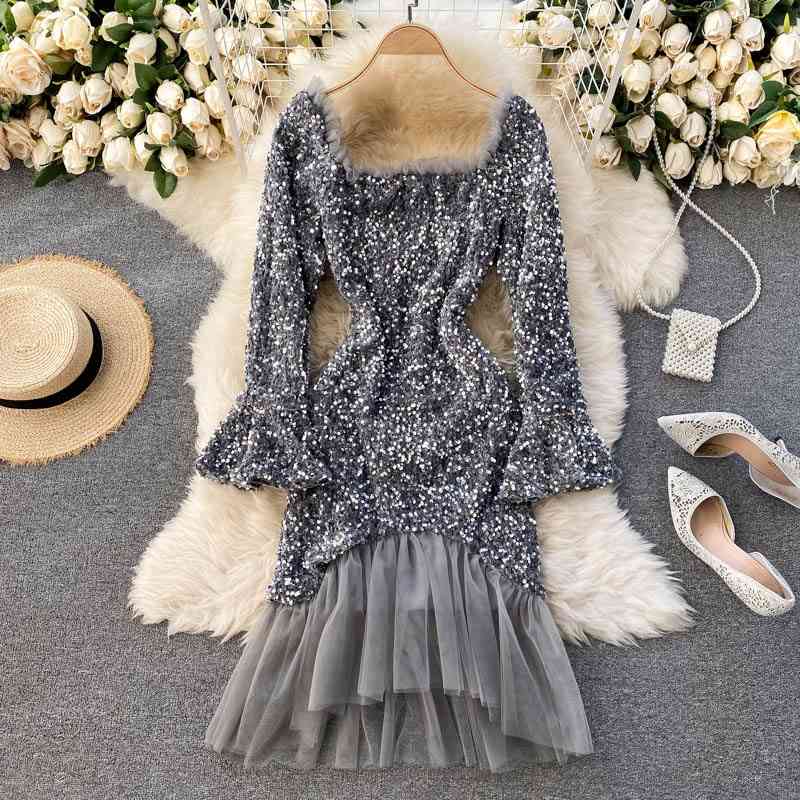 

Women Party Dress Spring Autumn Long Sleeve Sexy Trumpet Dresses Ladies Elegant Ruffles Patchwork Mesh Lace Sequins 210602, Black