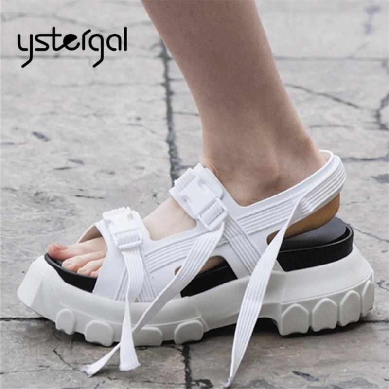 

Ystergal Fashion White Women Sandals 6CM Platform Creepers Casual Flat Shoes Woman Sandalias Mujer Female Summer Beach Sandal, Black