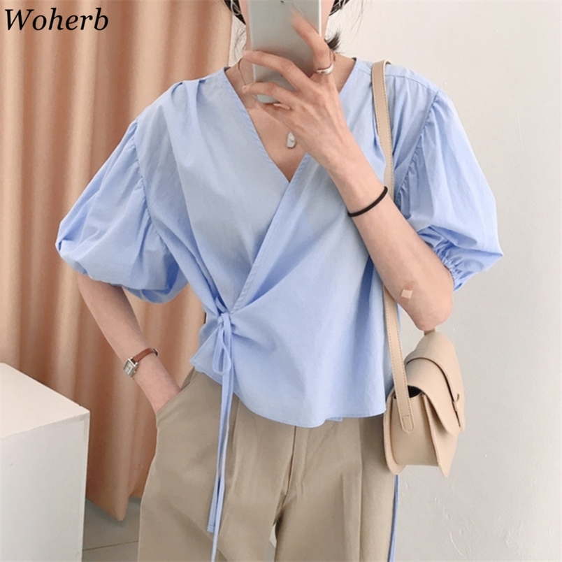 

Women Shirts Summer Korean Chic Blusas V Neck Cross Bandage Slim Blouse Puff Sleeve Loose Temperament White Tops 210519, Black