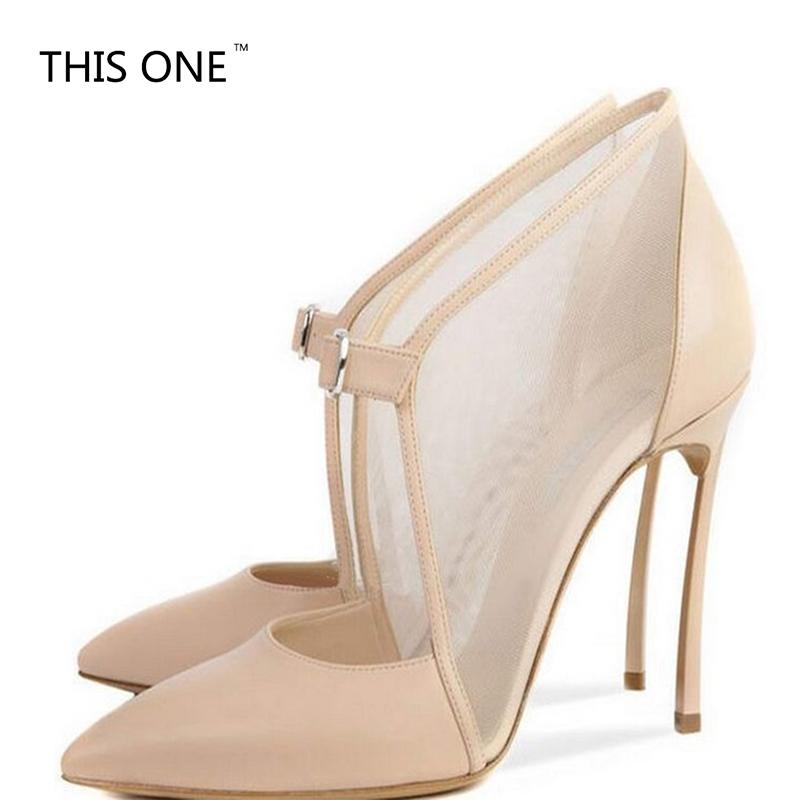 

2021 Est Side Mesh Model PU Leather Toe Section Women Thin High Heels Instep Buckle Design For Made Fashion Ladies Dress Shoes, Beige