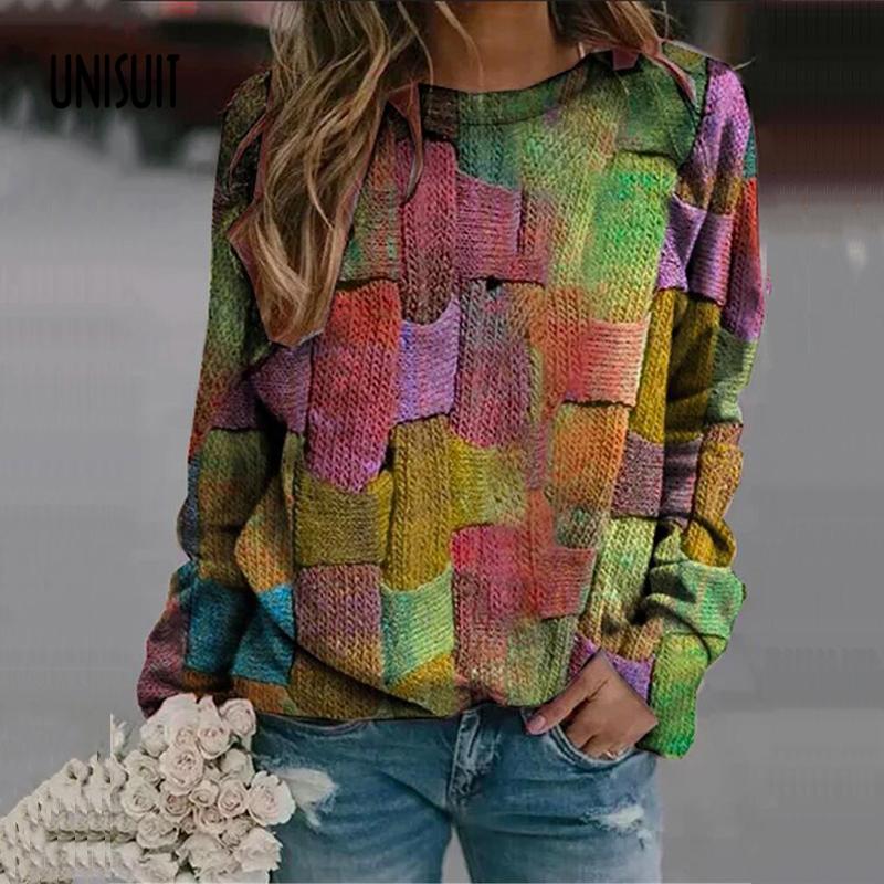 

Women' Sweaters Autumn Winter Fashion Colorful Pattern Retro O Neck Long Sleeve Print Vintage Top Pullovers Sweater Streetwear