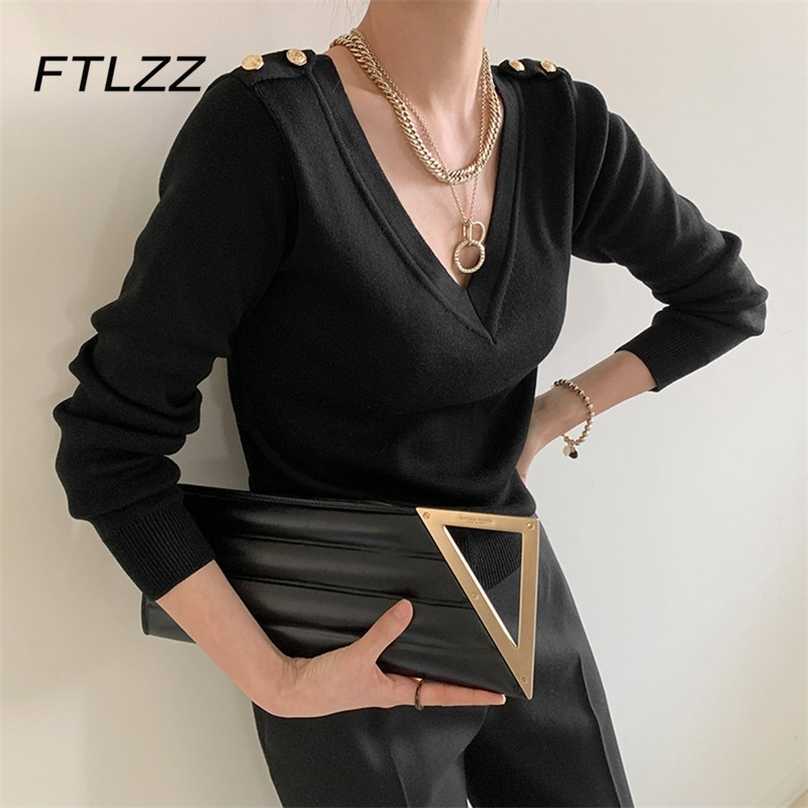 

Spring Autumn Fashion Sweater for Women Slim Sexy V Neck Long Sleeve Black Korean Tops Woman Knitted Sweaters 210525