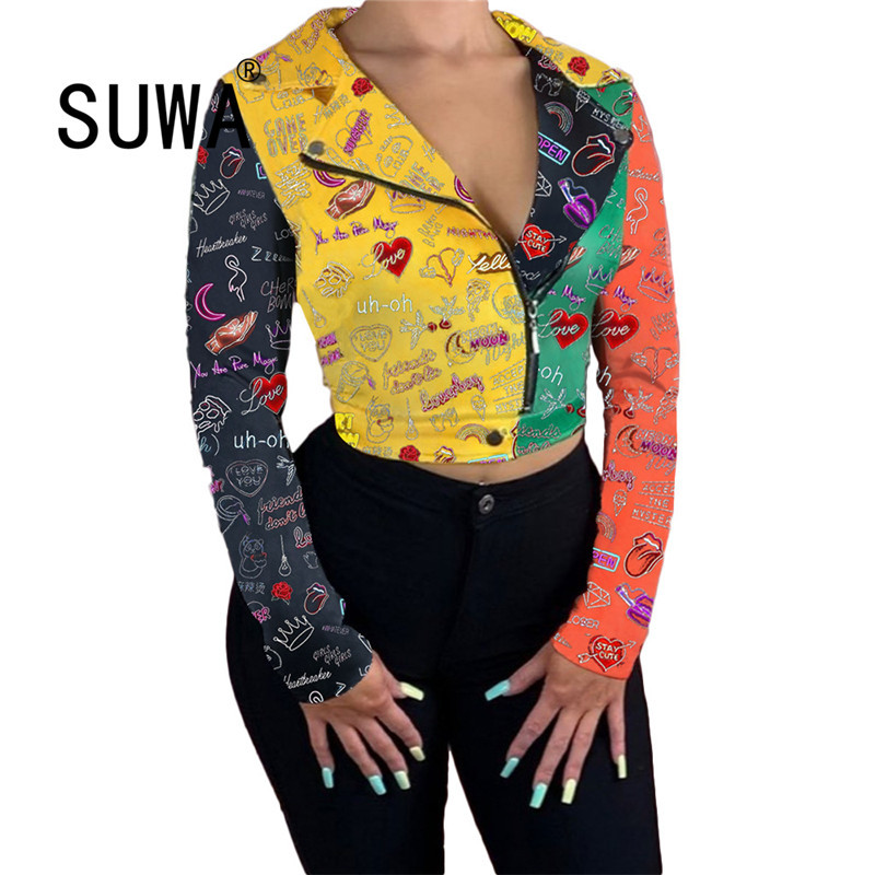 

Women Bomber Jackets Spring Autumn Slim Zipper Letter Love Printed Short Coat Cool Girl Femme Outerwear Tops Plus Size 210525, Multi