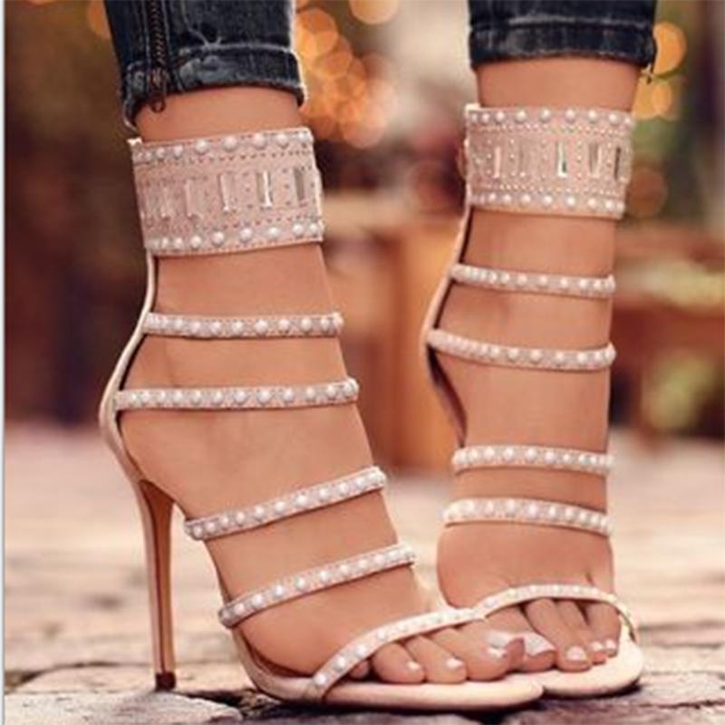 

Sandals 2021Summer Open Toe Rhinestone Pearl Design High Heel Roman Style Crystal Ankle Wrap Diamond Gladiator Women, Beige