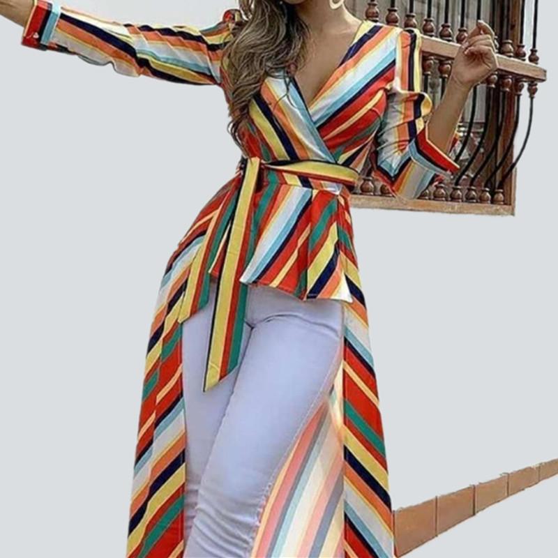 

Women' Blouses & Shirts 2021 Rainbow Striped Shirt Ladies Blouse Fashion Short Front Long Back Belt Sleeve Tops Woman Street Slim V-neck, Mp-500-rainbow