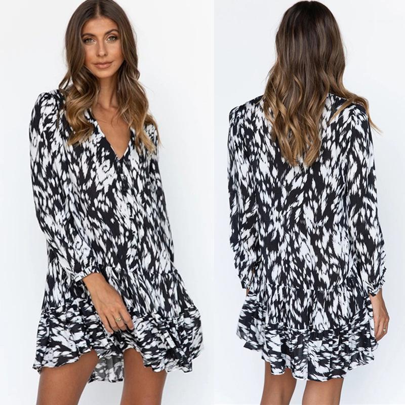 

Casual Dresses 2021 Women Summer Dress Boho Style Long Sleeve Print Chiffon Beach Loose Mini Party, Black