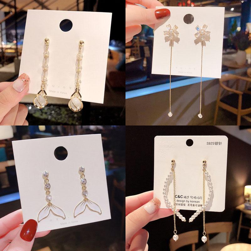 

Stud 2021 Super Shining Crystal Bowknot Shell Long Tassel Earring For Women Fashion Retro Pearl Wedding Jewelry Gift, Golden;silver