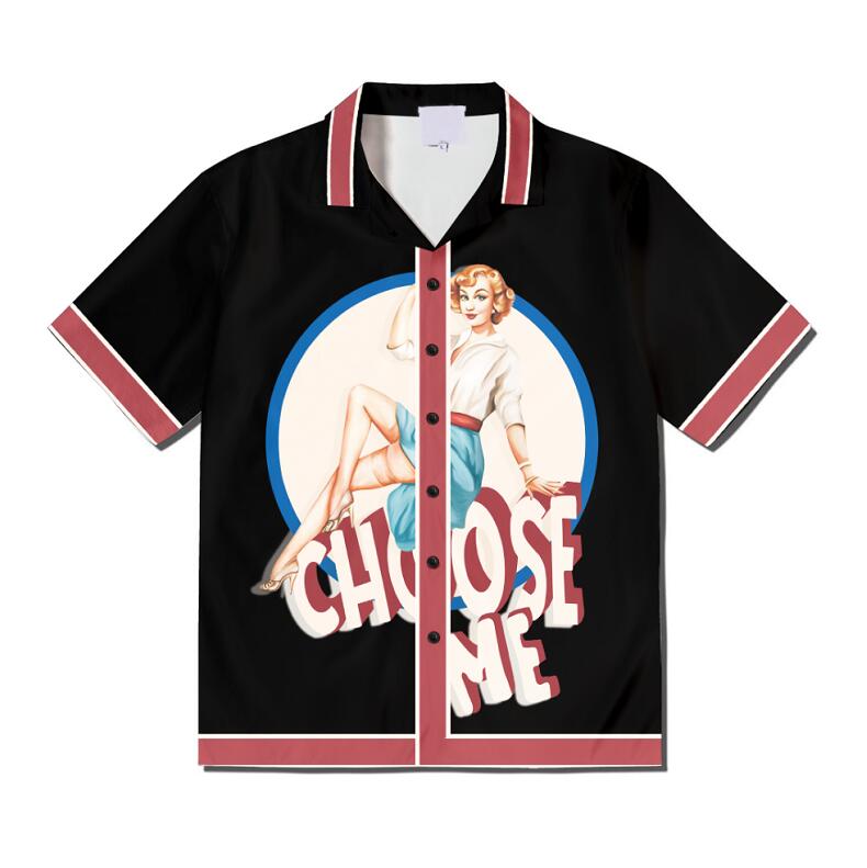 

Print Contrast Shirts Polo Shirt Men's Loose Summer Top Black