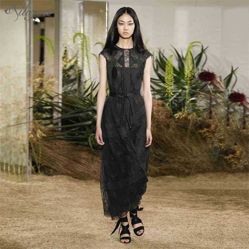 

Black Lace Summer Fashion Party Vestidos Ladies Round Neck Embroidery Openwork Long Sexy Dress 210525