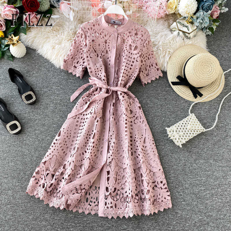 

Summer Elegant Dress Ladies Stand Collar Short Sleeve Bandage Midi Women Fashion Hollowing Out Lace Party es 210602
