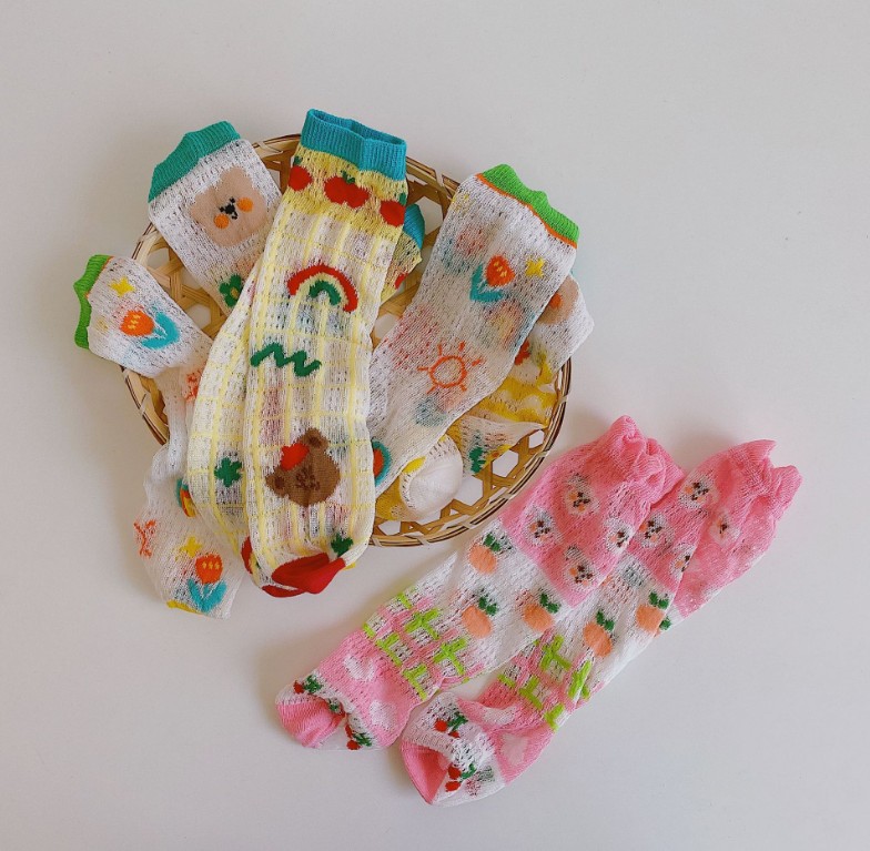 

children princess knee socks summer kids girls mesh graffiti casual stocking Toddler rainbow floral printed thin breathable hosiery S1247, Green flower