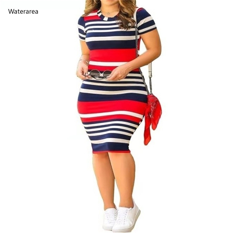 

Summer Women O-Neck Short Sleeve Leaf Striped Print Bodycon Knee Length Dress Sexy Partynight Club DressTB5042 210630, Multi