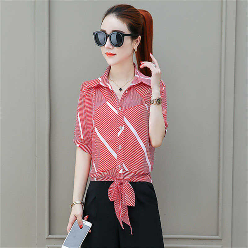 

Chiffon Shirt Female Summer Blouse Bat Short-sleeved Women Loose Stripes s Top DF2589 210609, Black
