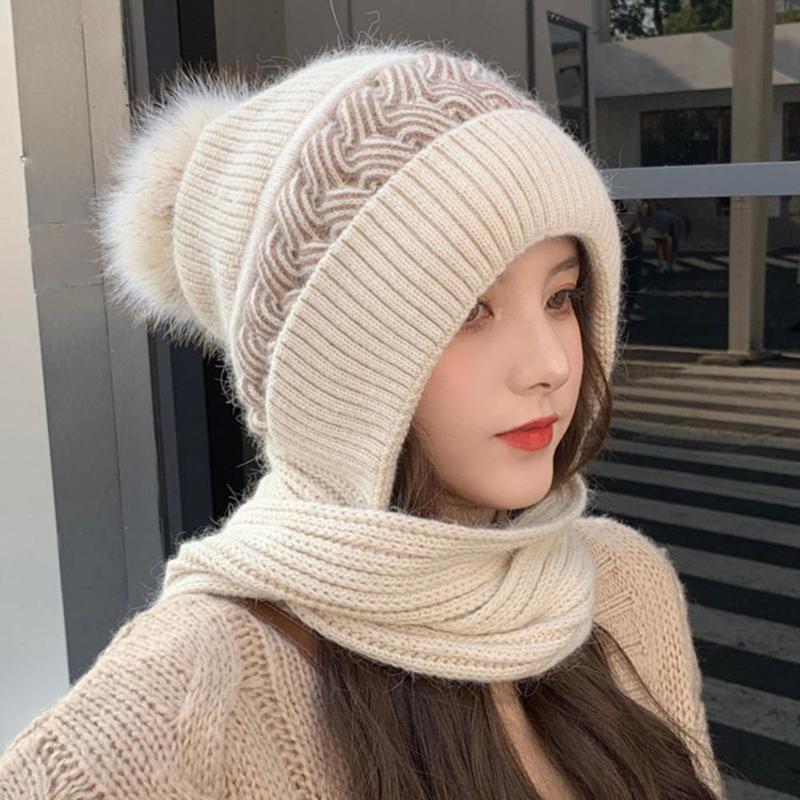 

Berets Drop!!Plush Lining Thickened Hat Scarf Woolen Yarn Plush Ball Ear Protection Beanies Fashion Accessories, White