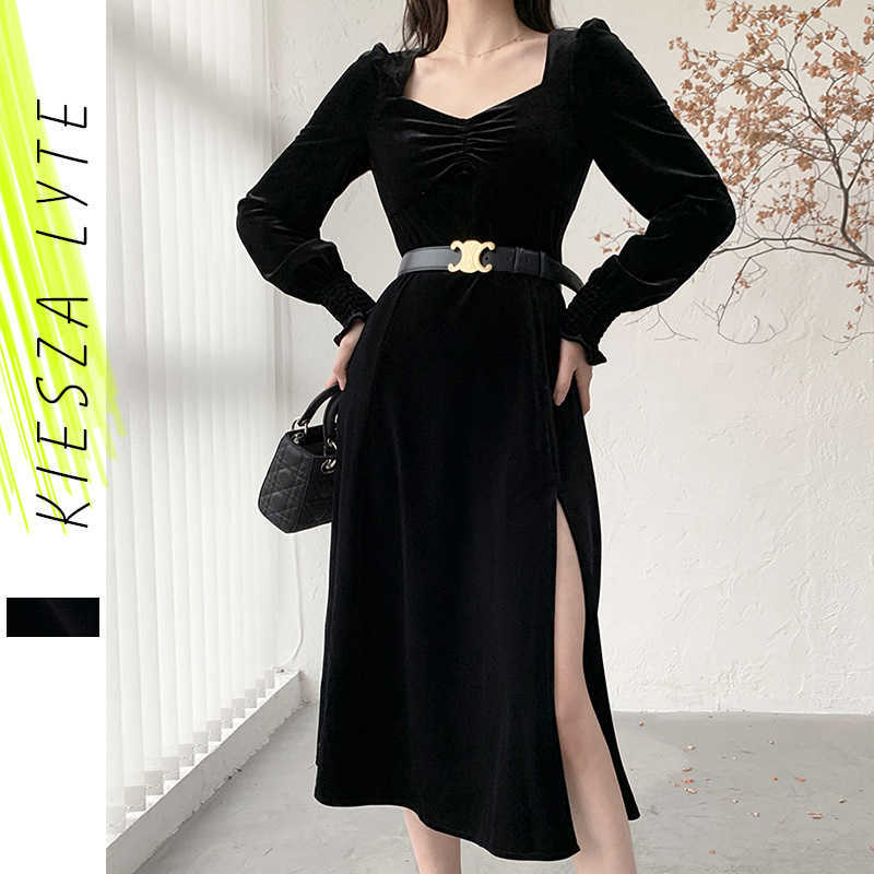 

Elegant Black Velvet Dress Spring Vintage Long Sleeve High Waist French Split Dresses Vestidos Femme 210608