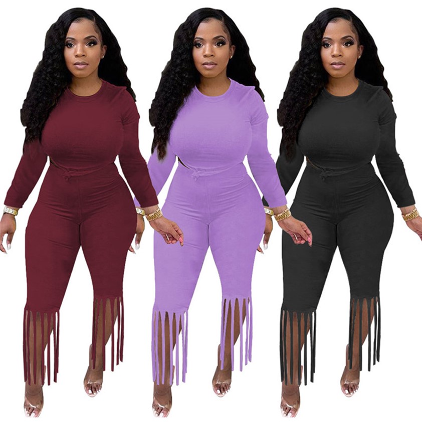 

Long Sleeve Women Clothing Solid Tracksuits Two Piece Sets Jogging Suits Lovely Outfits Crop Top Tassel Pants Plain Sweatsuits Spring Summer Fall Streetwear 5601, Burgundy