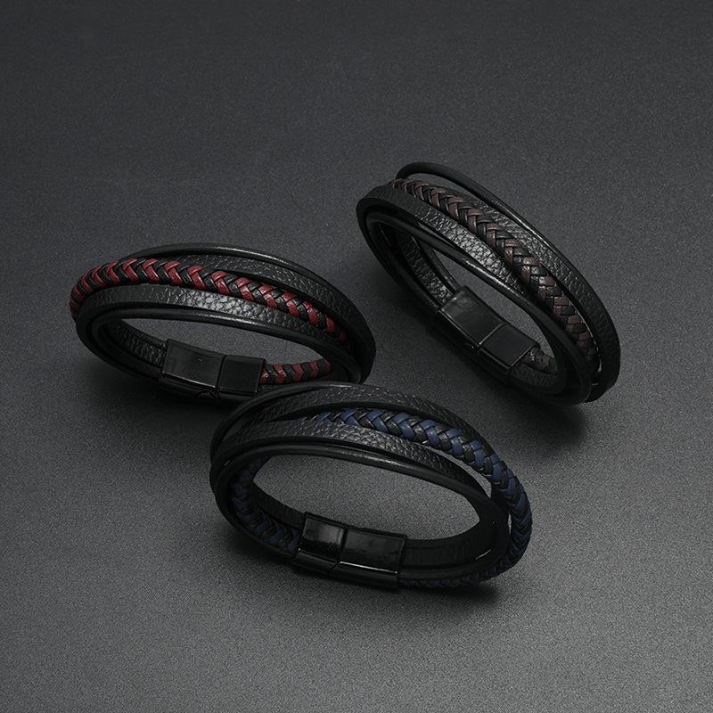 

Charm Bracelets Unique PU Leather Bracelet Men 20.5cm Multi Layer Handmade Braided Braslet Wrap Braclet Survival Brazalete Gift For Him