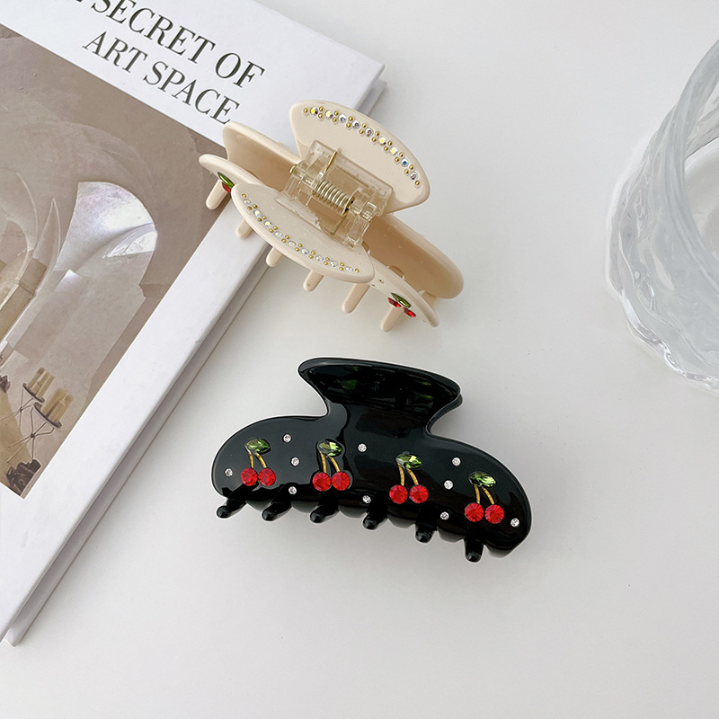 

Yamog Korean Cross Cherry Pattern Hair Clamps Women Acetic Acid Crystal Fruit Claw Clips For Lady Scrunchies Ponytail Shower Hairpins Hair Accessories Black Beige